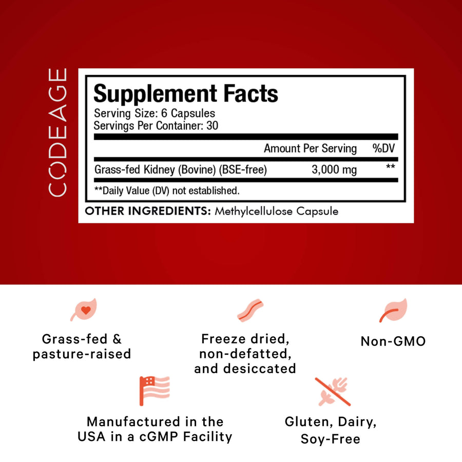 Codeage Grass-fed bovine kidney supplement facts