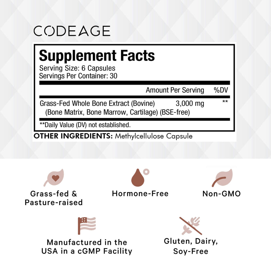 Codeage Grass-fed bone marrow supplement freeze dried non defatted desiccated supplement facts
