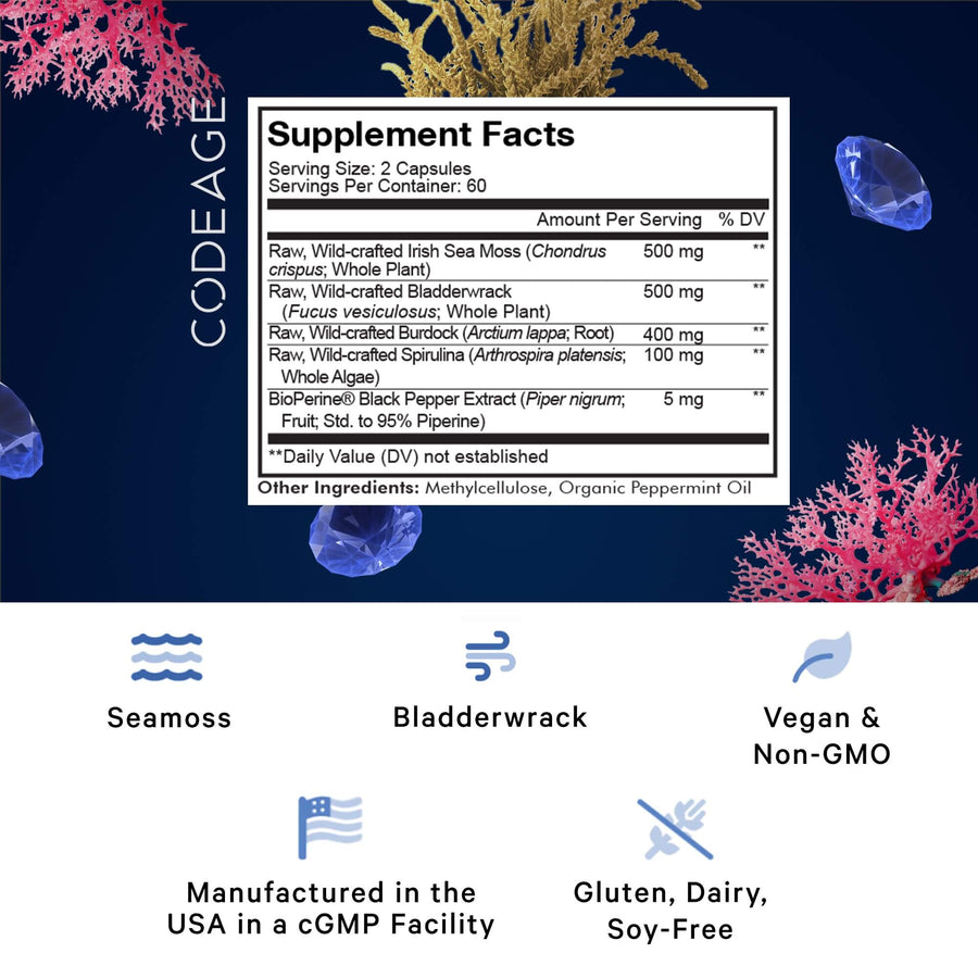 Codeage Sea Moss Supplement Bladderwrack Burdock Irish Sea Moss algae supplement facts