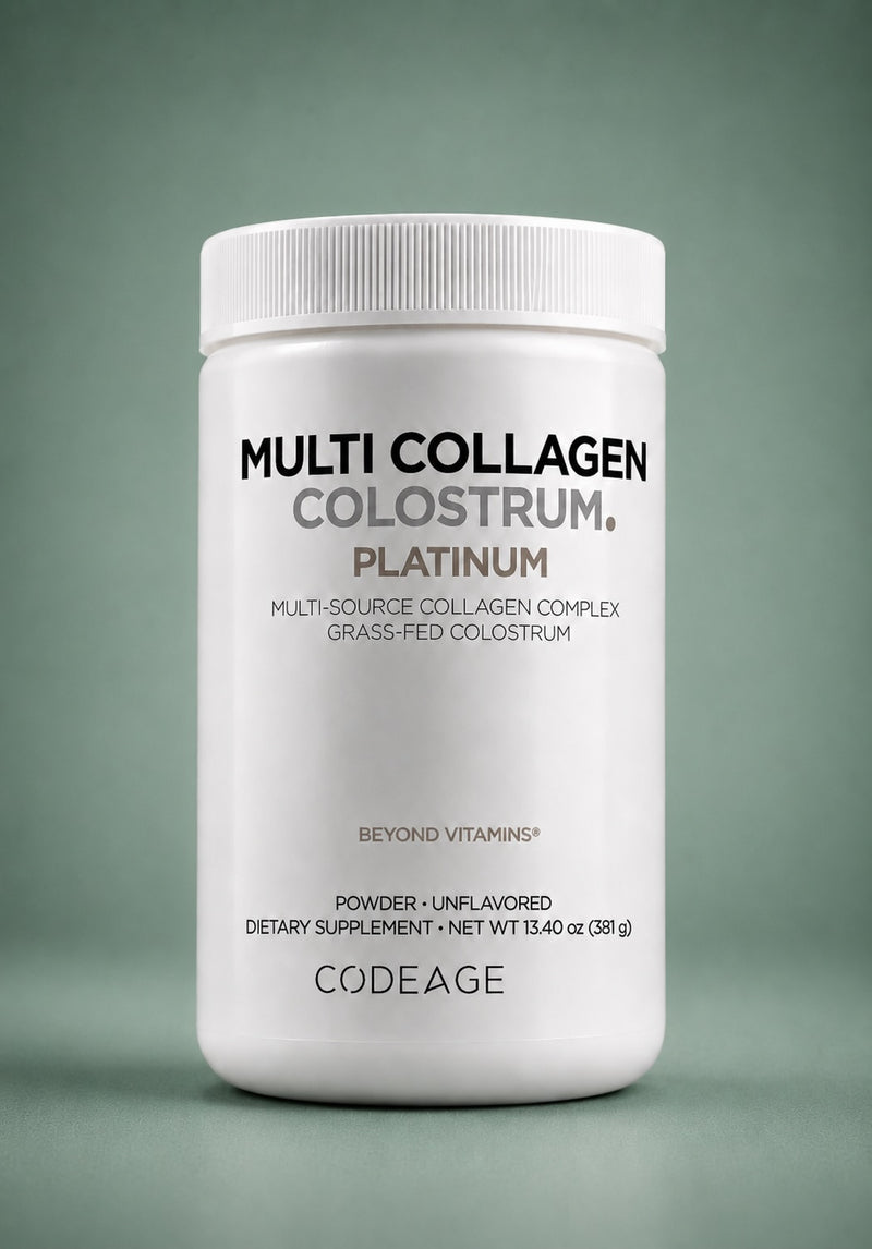 White container of Codeage Multi Collagen Colostrum Platinum on a gray background
