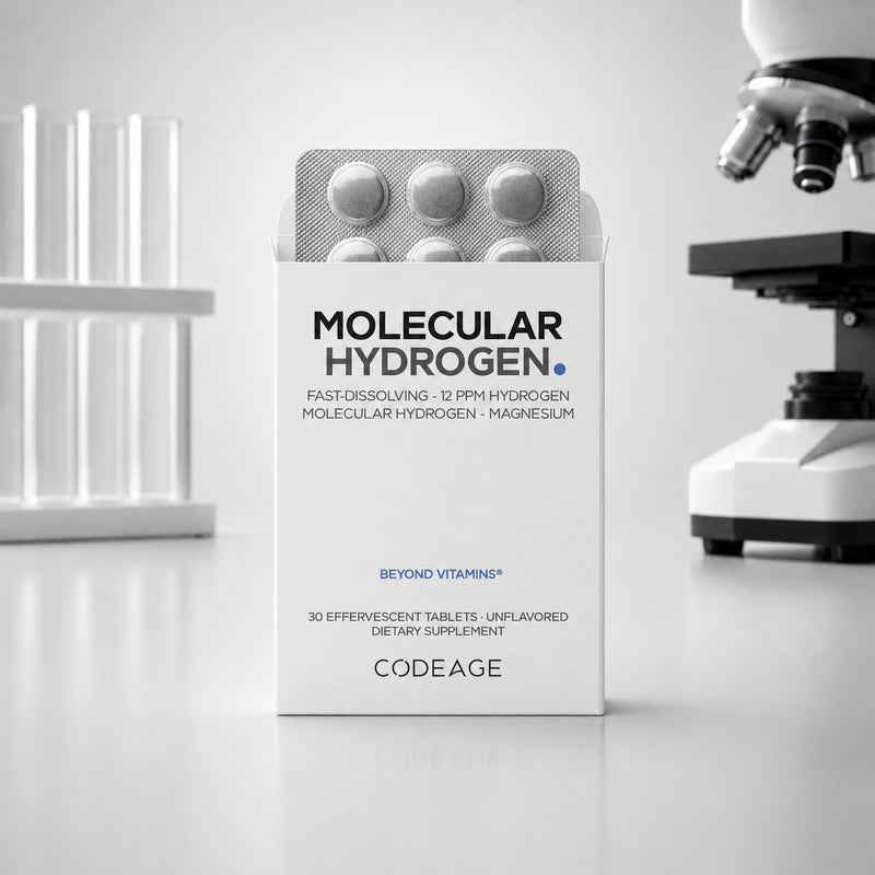 Box of Molecular Hydrogen dietary supplement with a microscope in the background