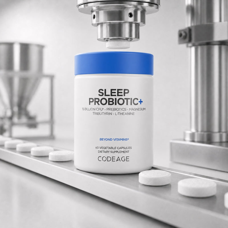 Sleep probiotic supplement container with blue cap on a production line.