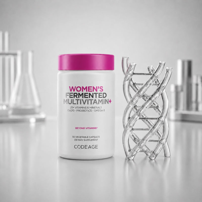 Codeage Women's Fermented Multivitamin container with pink lid on a gray surface, surrounded by decorative elements.