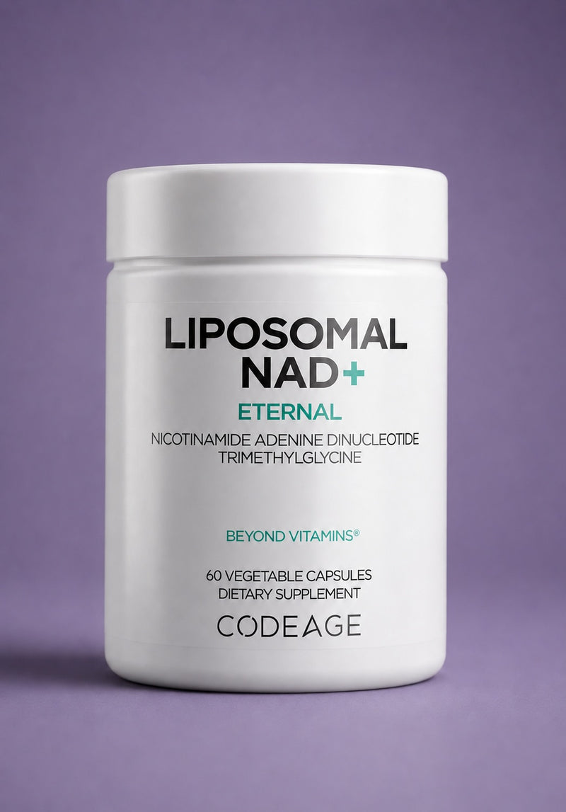 Dietary supplement container labeled 'Liposomal NAD+ Eternal' by Codeage on a purple background