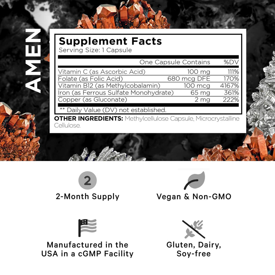 Amen Iron Supplement Ferrous Sulfate Copper Folate Vitamins Supplement facts