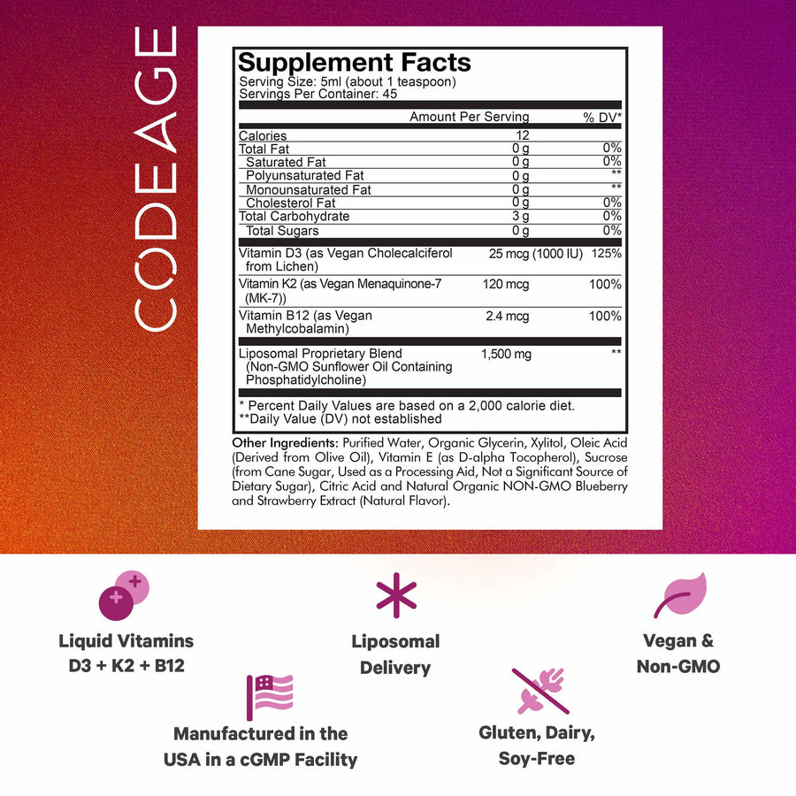 Codeage Liposomal Liquid Vitamins D3 K2 B12 Methylcobalamin Vegan Formula Supplement Facts