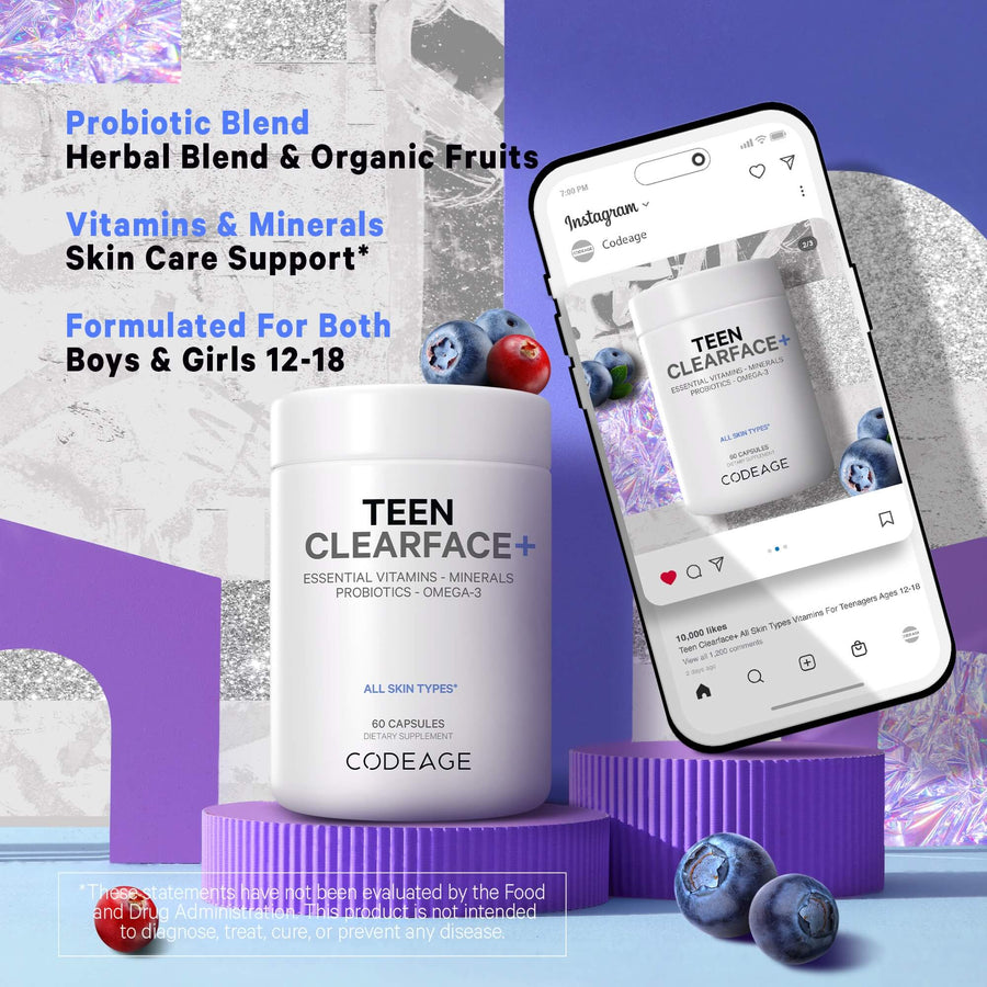 Codeage Teen Clearface vitamins teenagers probiotics amino acids minerals healthy skin probiotic blend