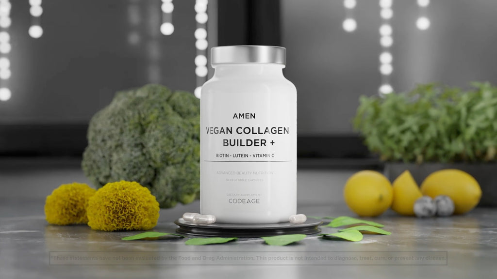 Alternativa de colágeno vegano con biotina, vitamina C, luteína, aminoácidos y frutas orgánicas