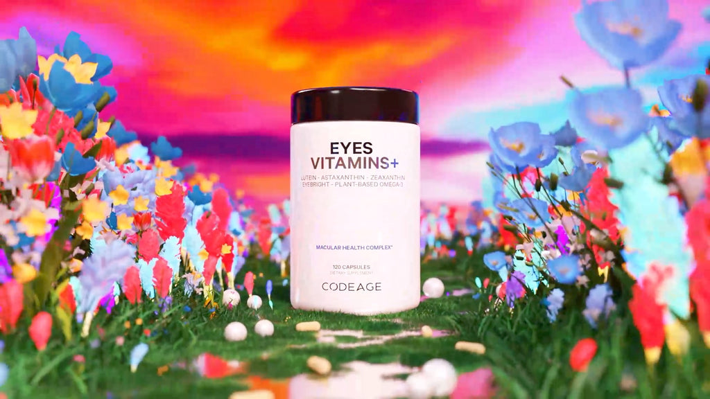 Vitaminas para los ojos que incluyen astaxantina, zeaxantina, luteína, eufrasia y multivitaminas