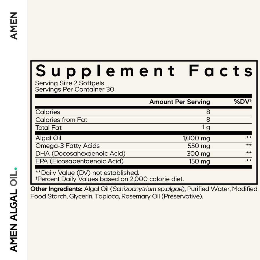 Amen Algal Oil Vegan Omega 3 Supplement Facts