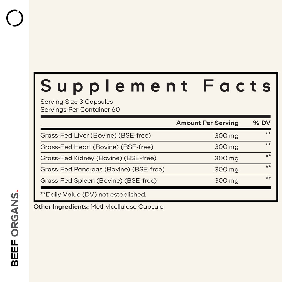Grass Fed Pasture Raised Beef Organs Supplement Superfood supplement facts
