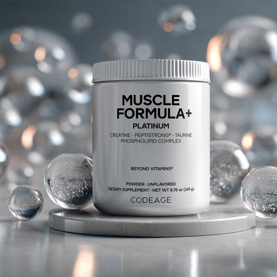 Container of Codeage Muscle Formula+ Platinum supplement with a blurred abstract background