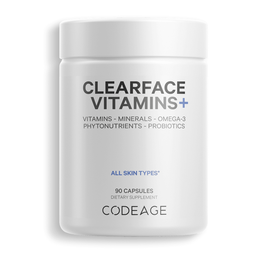 Clearface Oral Supplement to Improve Acne Vitamin A, B, C, D3, E, Skin Dermatology Codeage Front White