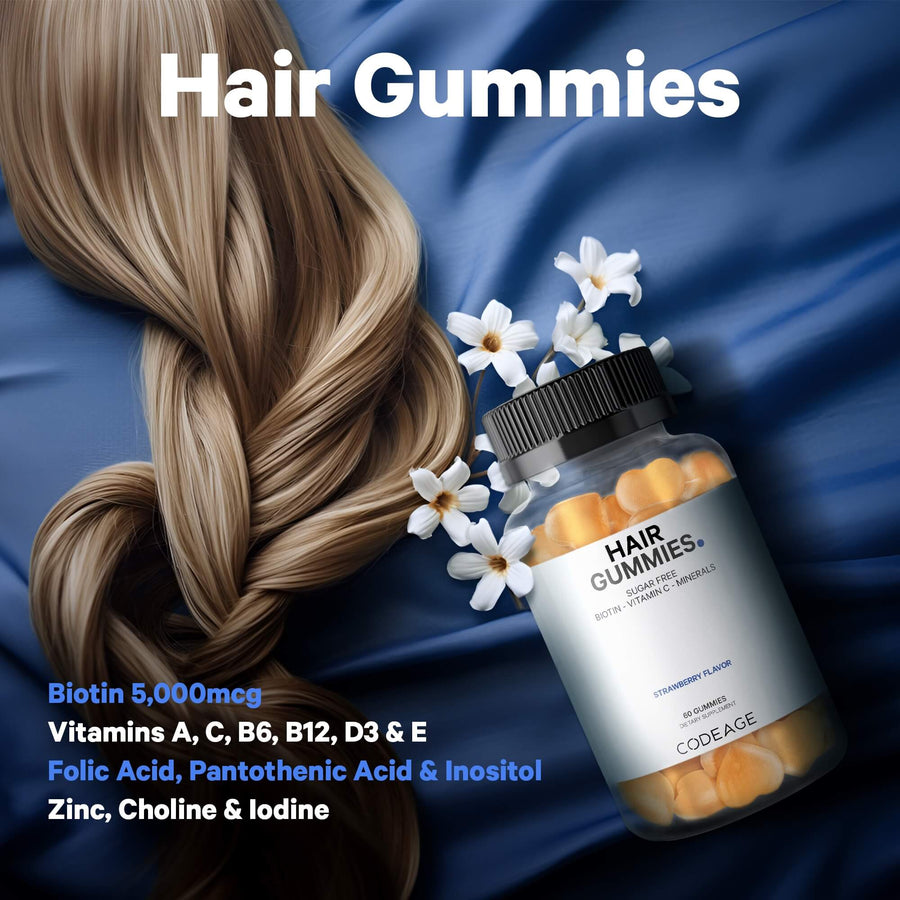 Codeage Hair gummies supplement, vitamins a c b6 b12 d3 and e folic acid, pantothenic acid and iodine for hair