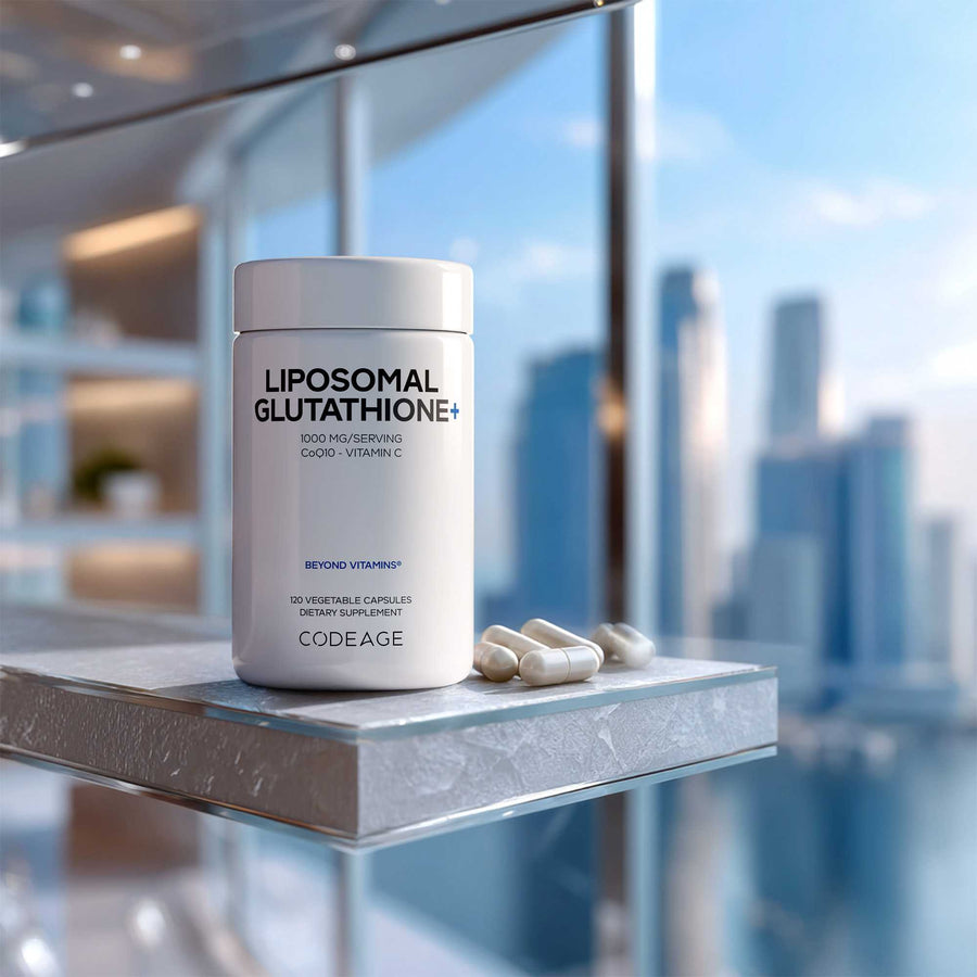 Codeage Liposomal Glutathione+ bottle on a modern surface