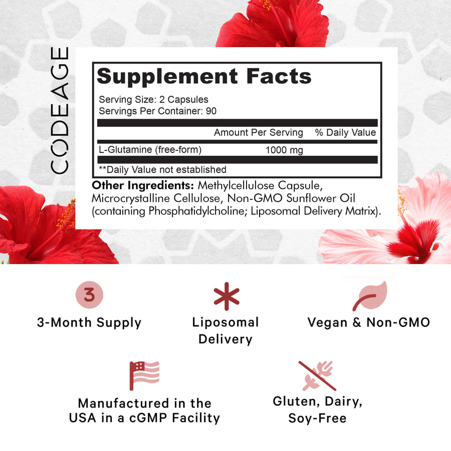 Codeage Liposomal L-Glutamine Capsules 1000mg Supplement Free Form Amino Acid Supplement Facts