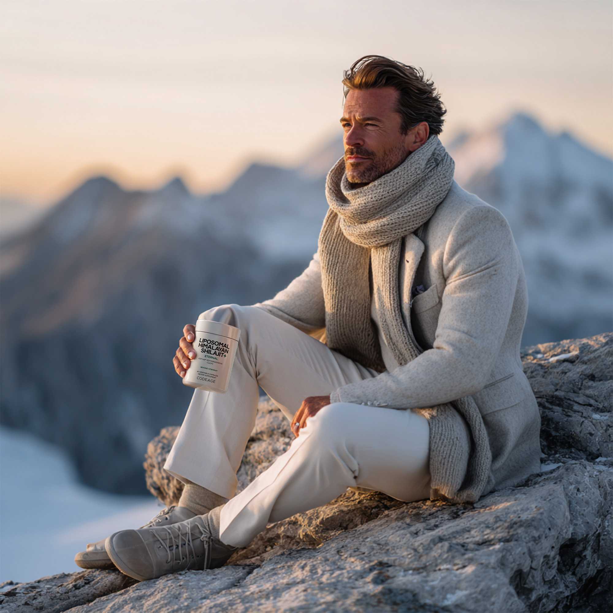 Codeage Liposomal Himalayan Shilajit Supplement Man sitting in a mountain