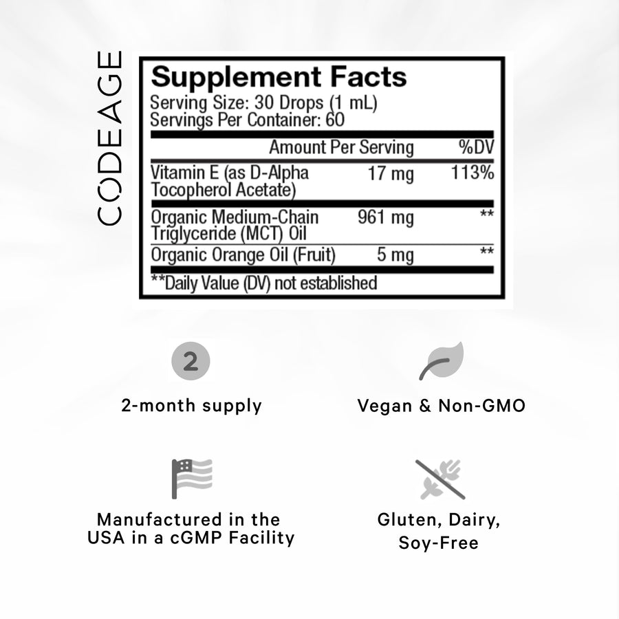 Codeage Liposomal Vitamin E Tocopherols Supplement Organic Orange oil fruit Supplement facts
