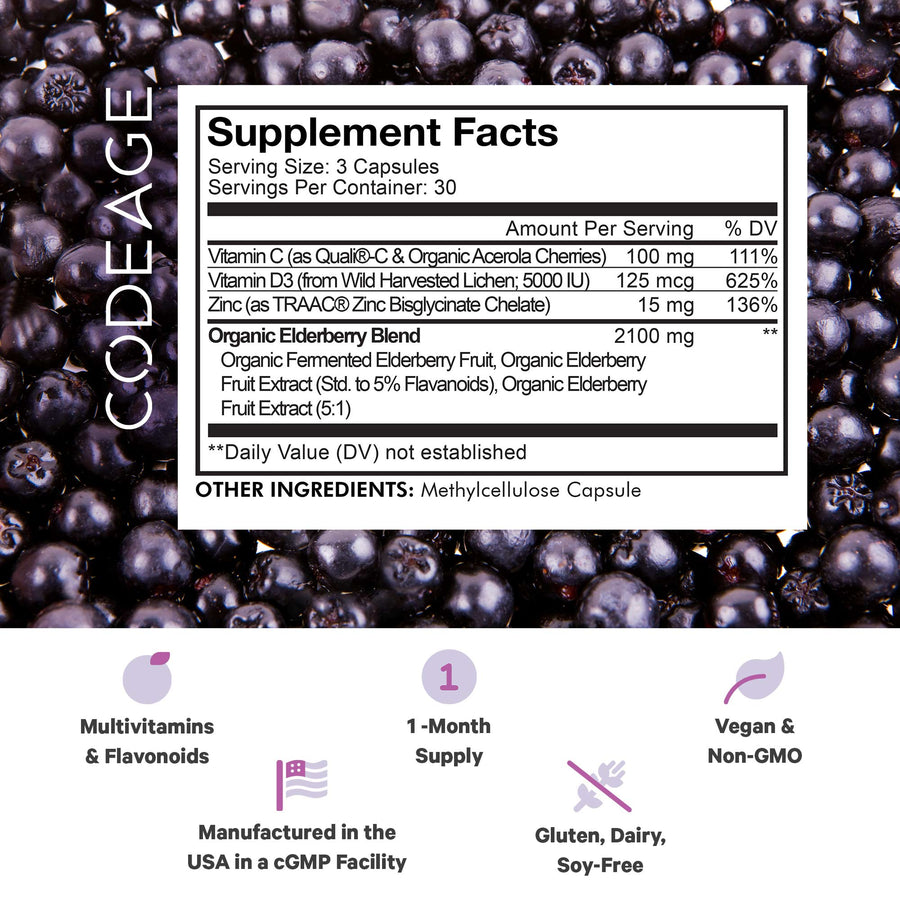 Codeage Organic Black Elderberry Capsules Black Sambucus Pils Vitamin C D Zinc Flavonoids Supplement 