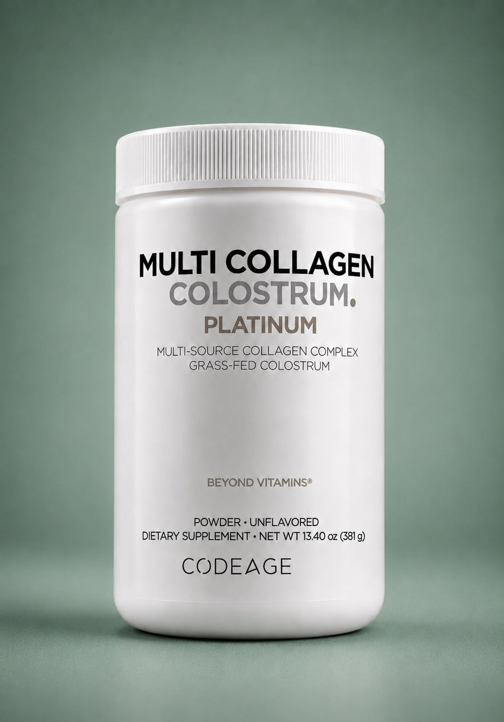 White container of Codeage Multi Collagen Colostrum Platinum on a gray background
