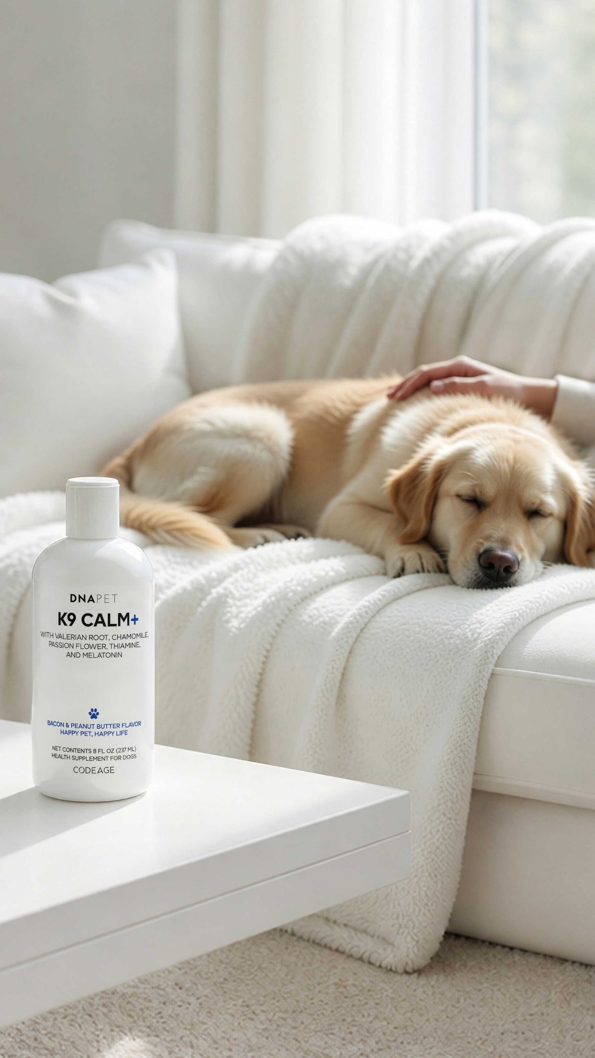 DNA PET K9 Calm+ liquid calming supplement for dogs with valerian root, chamomile, passion flower and melatonin.