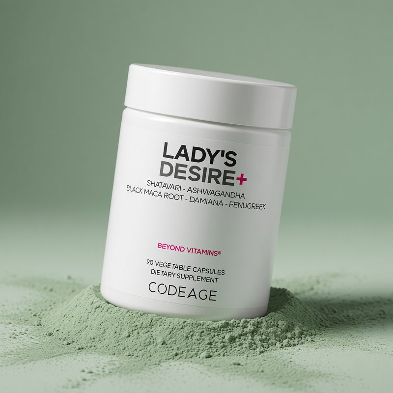 Codeage Lady's desire Supplement container labeled 'Lady's Desire+' by Codeage on a green background