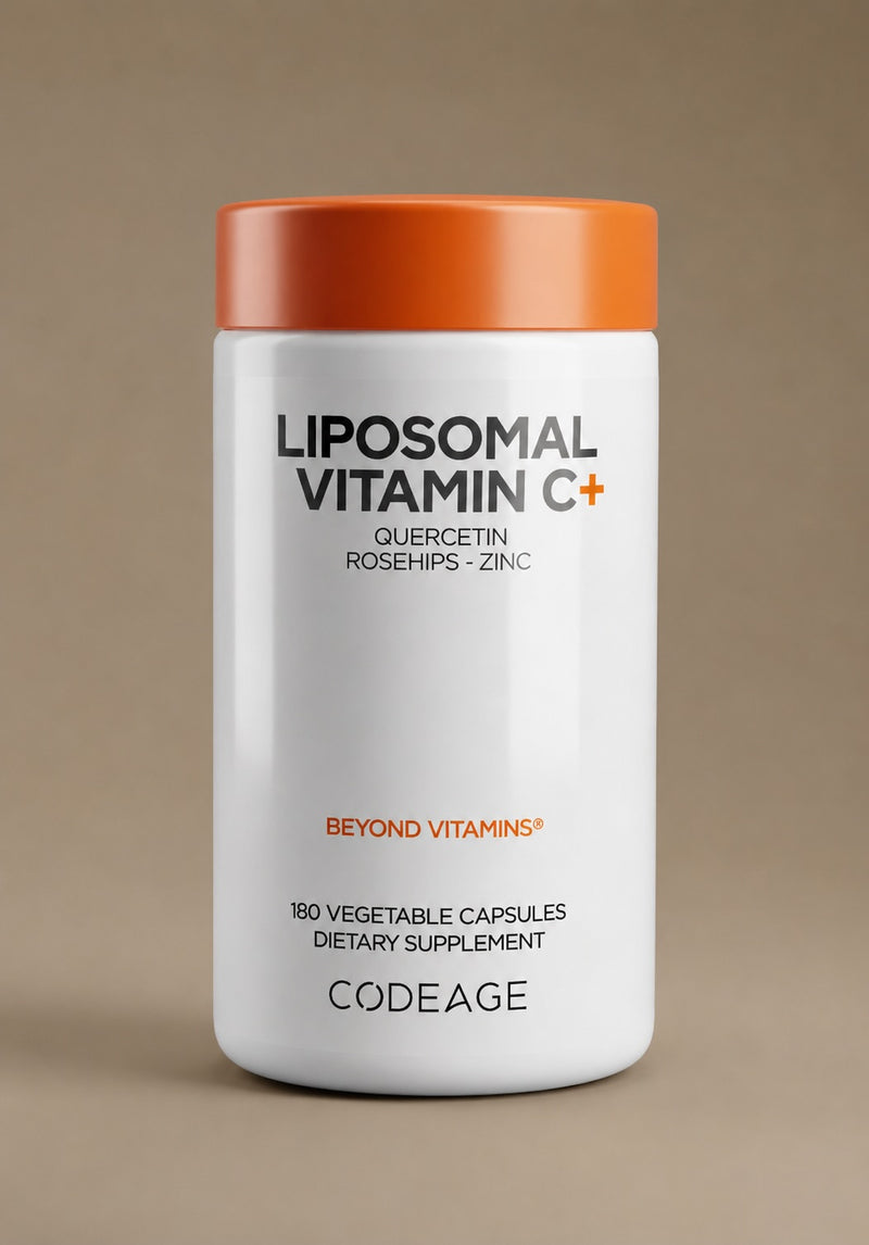 Supplement container labeled 'Liposomal Vitamin C+' by Codeage on a beige background