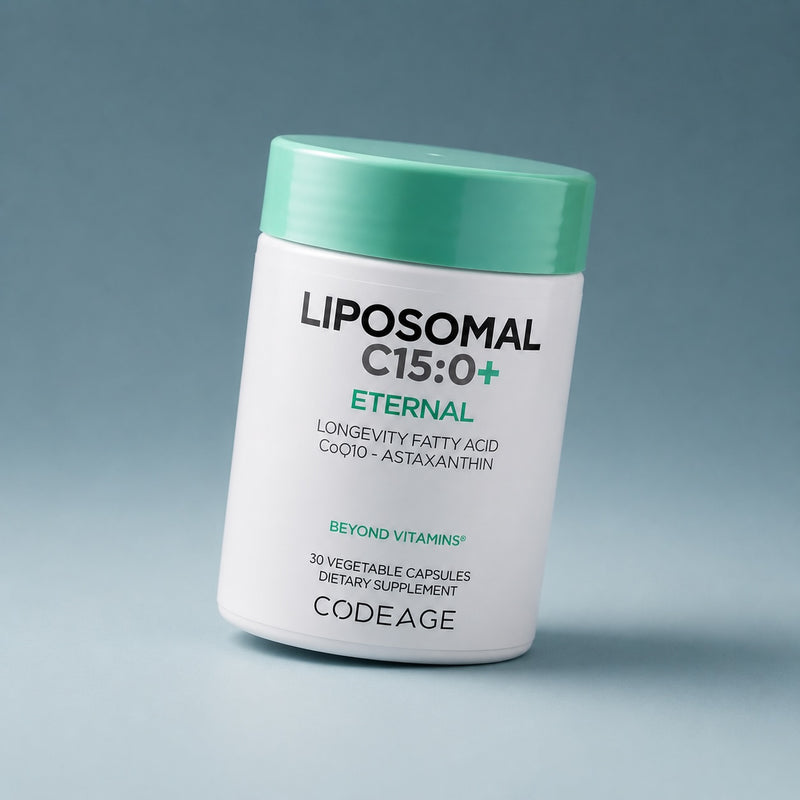 Supplement container labeled 'LIPOSOMAL C15:0+ Eternal' by CODEAGE on a gray background