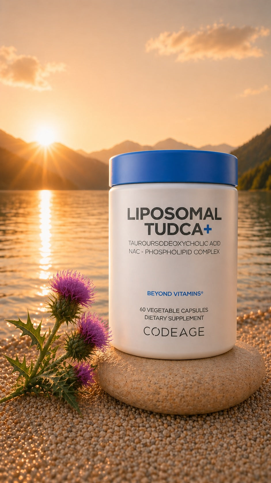 Supplement container labeled 'Liposomal Tudca+' by Codeage on a rock with a scenic background of mountains and sunset.