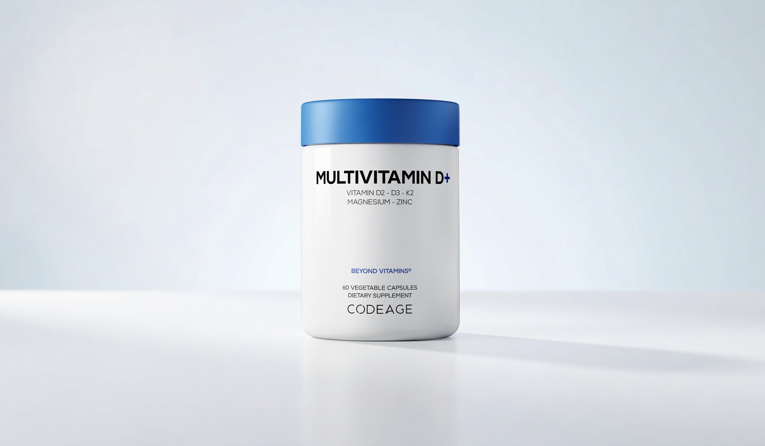 Codeage Multivitamin supplement container with blue lid on a white background