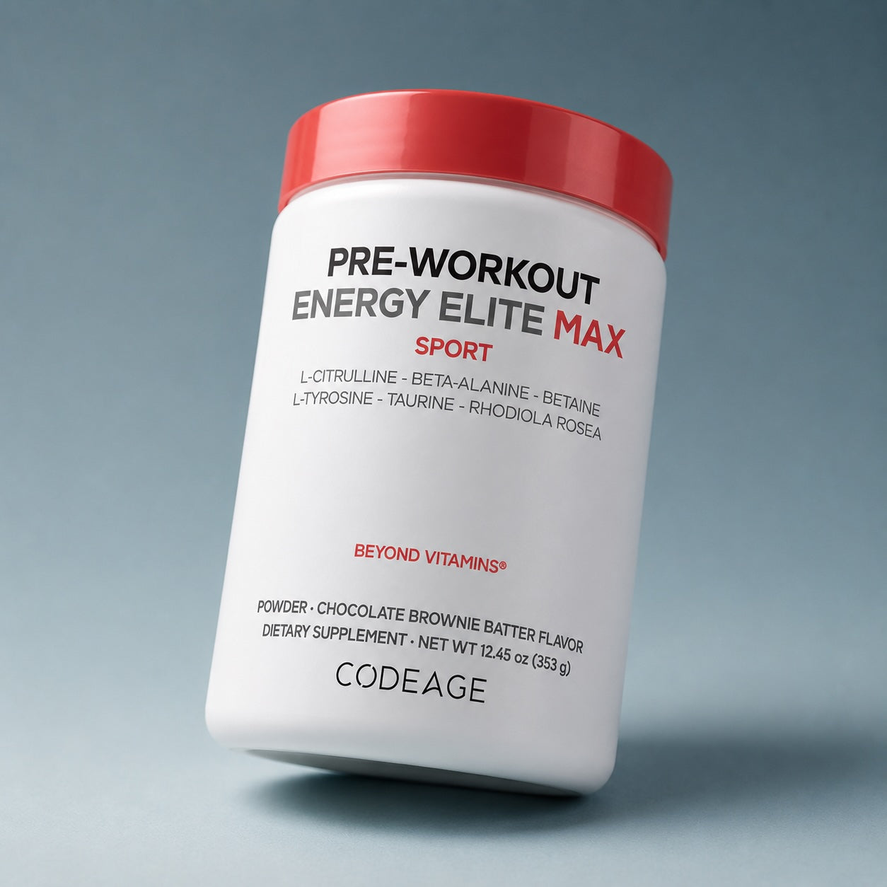 Codeage Pre-workout energy supplement container with red lid on a gray background