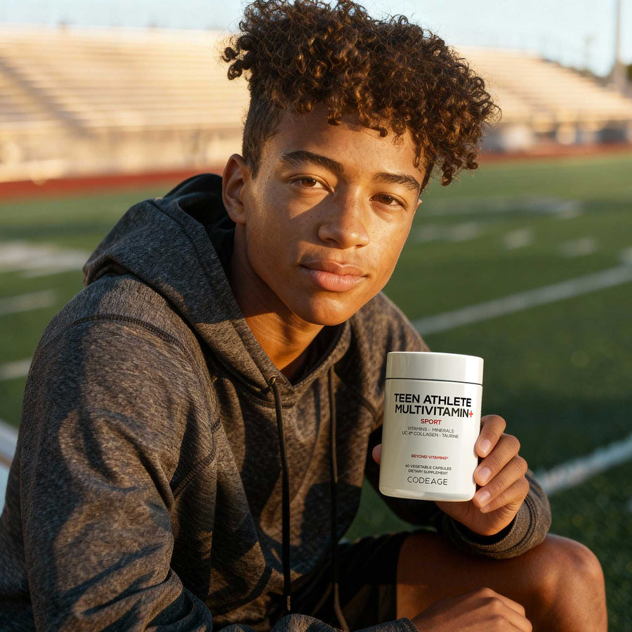 Codeage Teen Athlete Multivitamin+ Sports Supplement with creatine, taurine, magnesium, electrolytes and collagen.