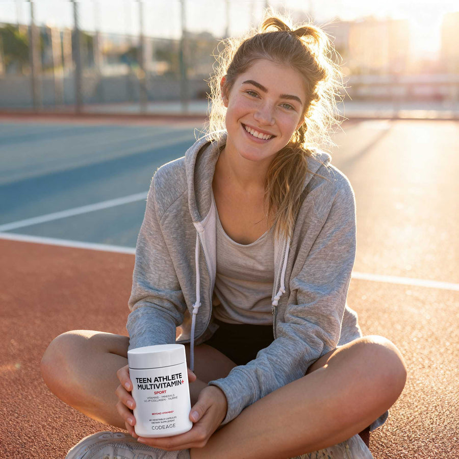 Codeage Teen Athlete Multivitamin+ Sports Supplement with creatine, taurine, magnesium, electrolytes and collagen.