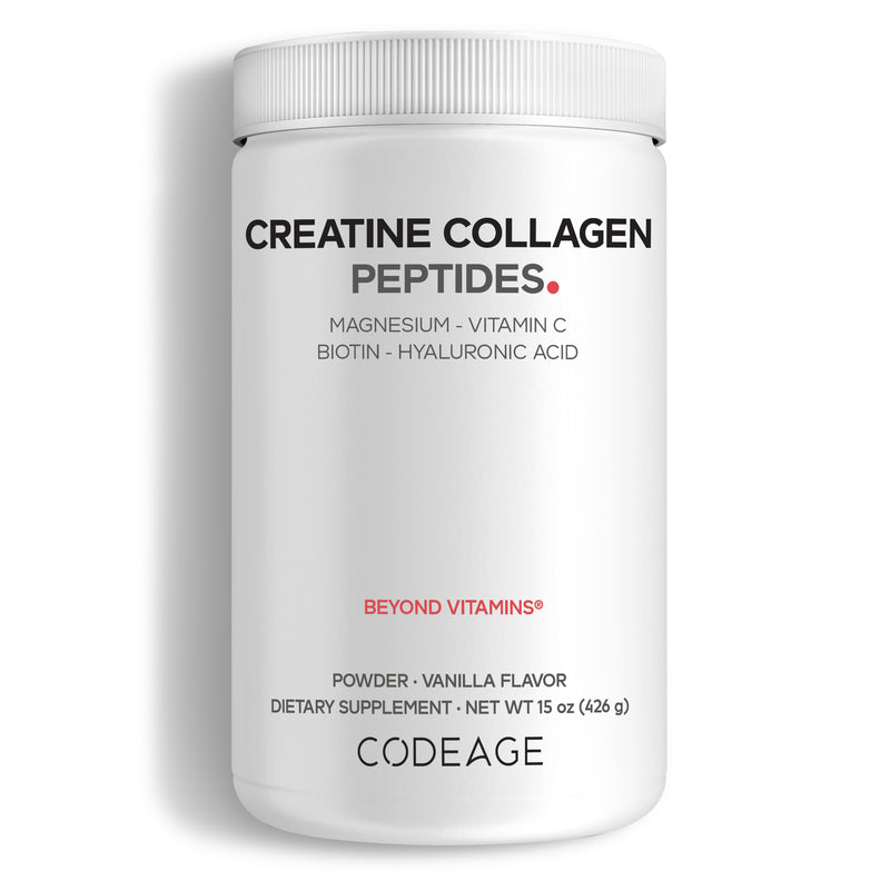 Codeage Creatine Collagen Peptides with Creatine Monohydrate Powder Supplement, Wild-Caught Marine Collagen, Biotin, Magnesium, Vitamin C, Hyaluronic Acid - Vanilla Flavored 