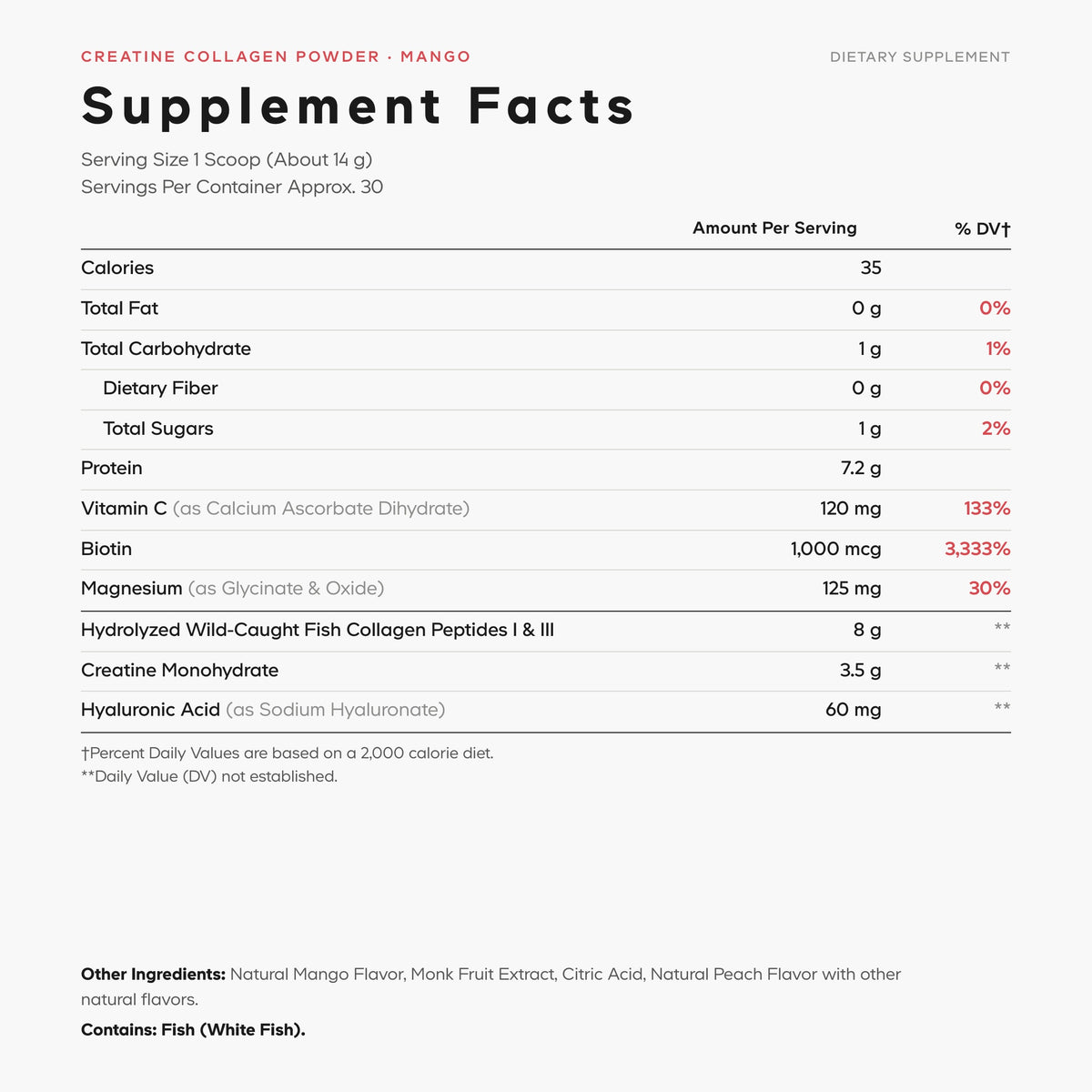 Codeage Creatine Collagen Peptides  Mango Flavored Powder - Supplement Facts