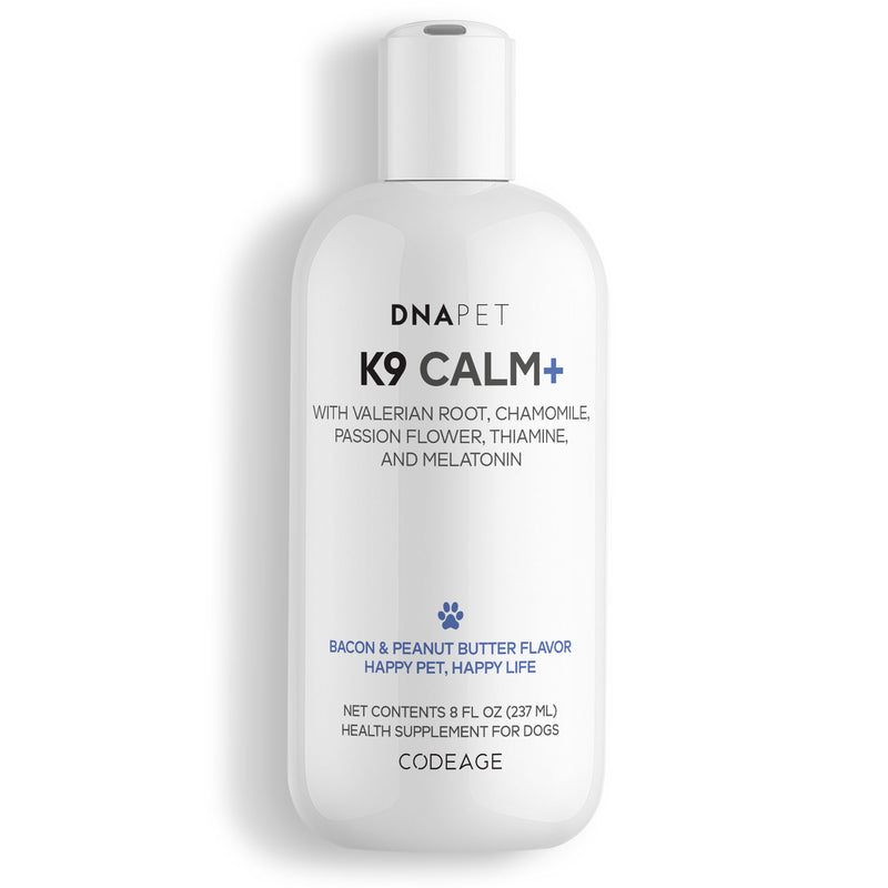 DNA PET K9 Calm+ liquid calming supplement for dogs with valerian root, chamomile, passion flower and melatonin.