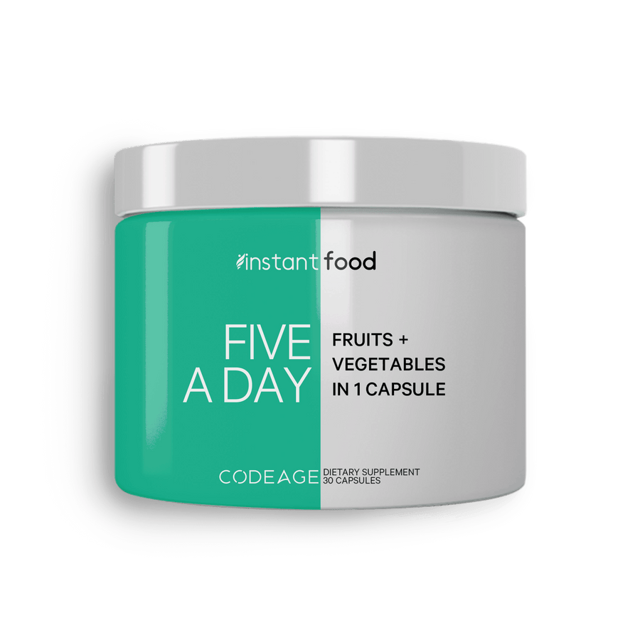 Codeage InstantFood Five a Day, 5 Fruits & Veggies Equivalent Servings in One Capsule, Whole Food Vegan Blend, Non-GMO, 15 Greens & Fruits All-In-One Pill