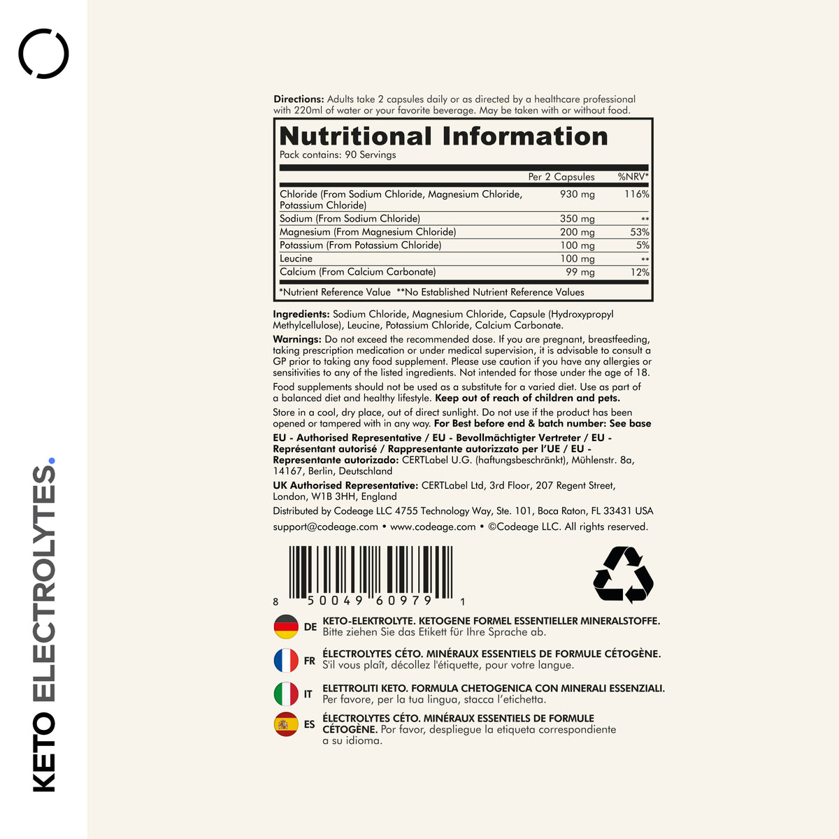 Codeage Keto Electrolytes Mineral Supplement, Supplement Facts