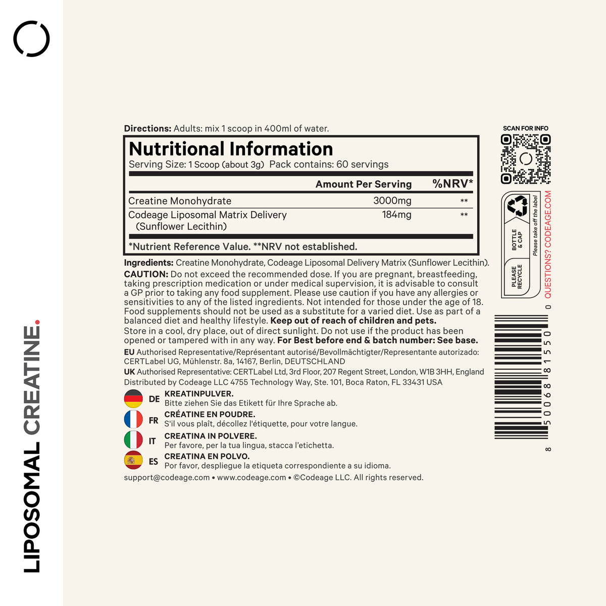 Codeage Liposomal Creatine supplement, creatine monohydrate - Supplement Facts