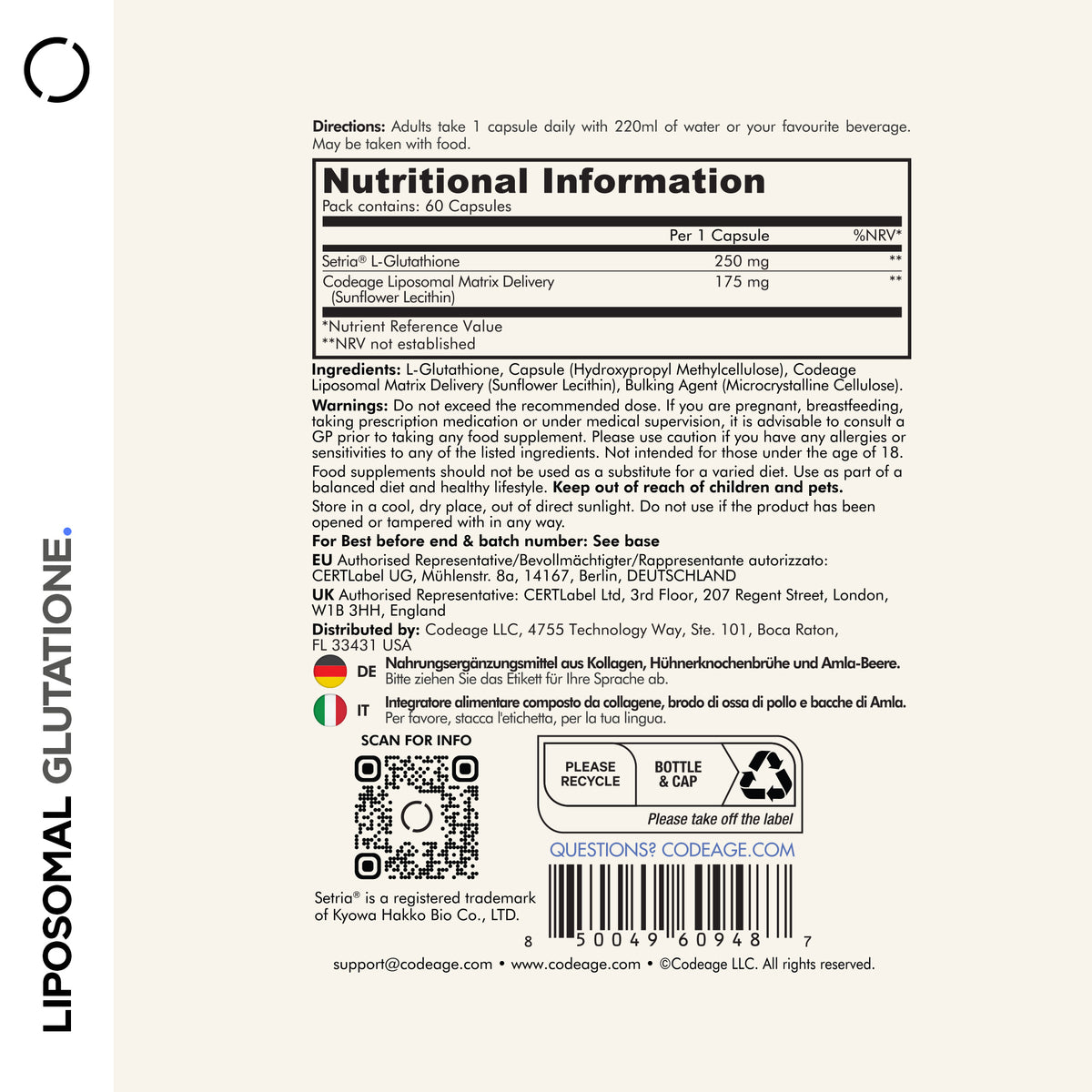 Codeage Liposomal Glutathione Supplement, Setria L-Glutathione Supplement Facts