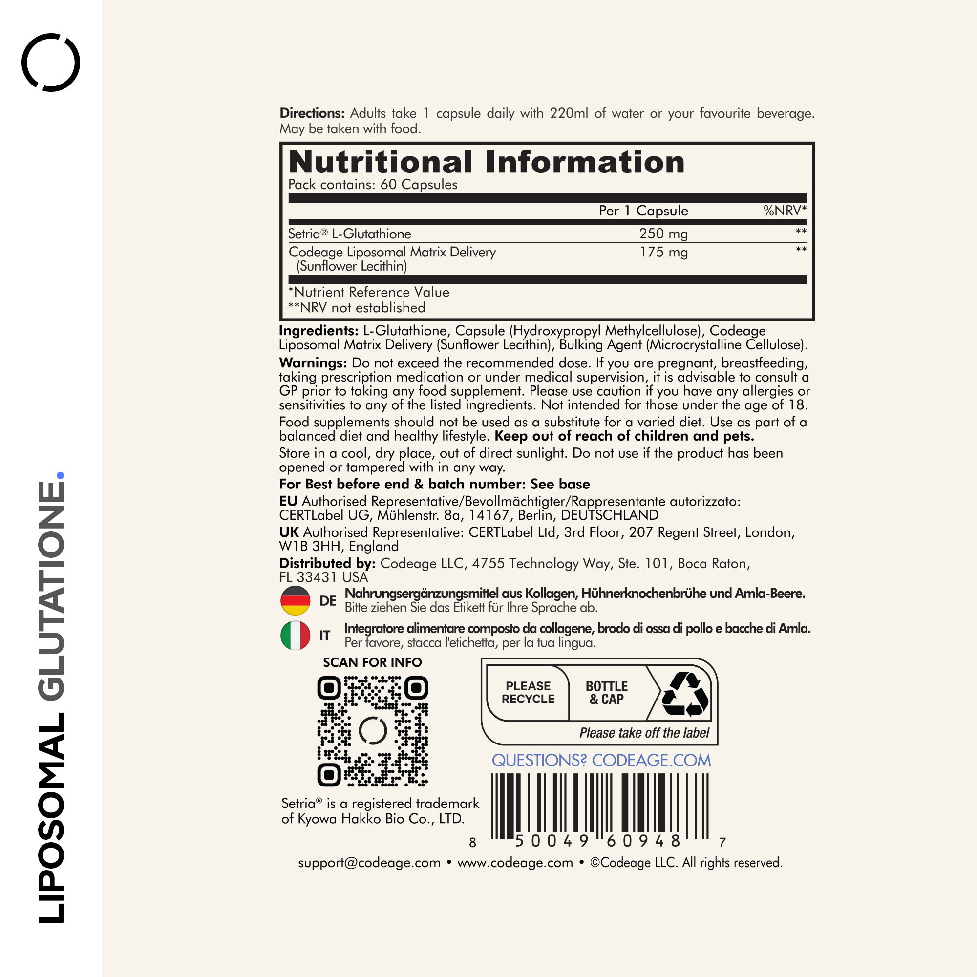 Codeage Liposomal Glutathione Supplement, Setria L-Glutathione Supplement Facts