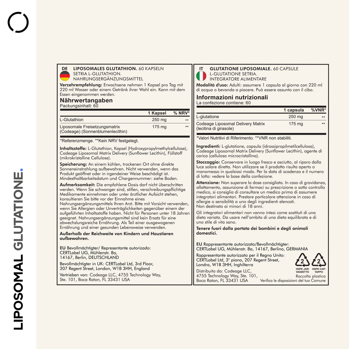 Codeage Liposomal Glutathione Supplement, Setria L-Glutathione Supplement Facts