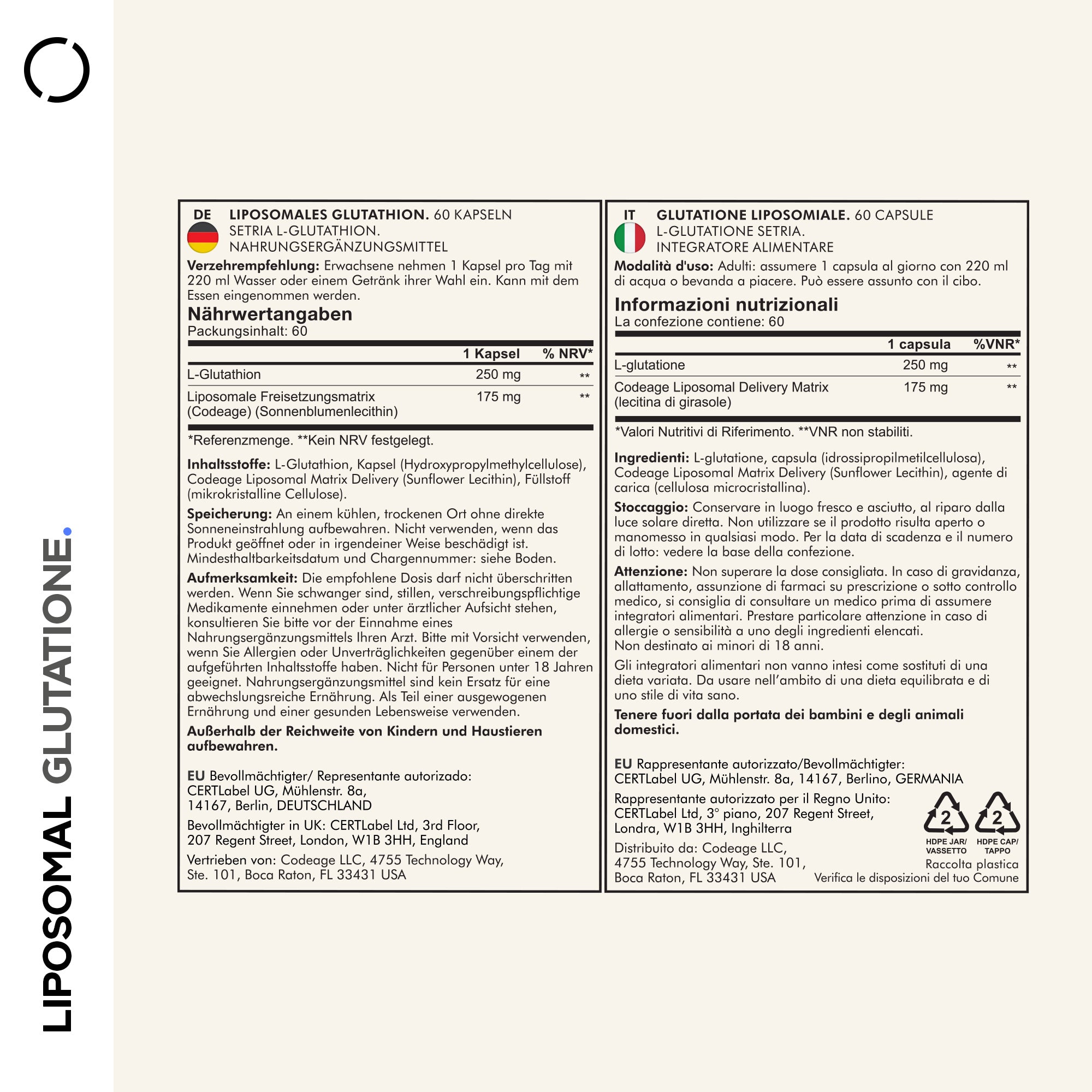 Codeage Liposomal Glutathione Supplement, Setria L-Glutathione Supplement Facts