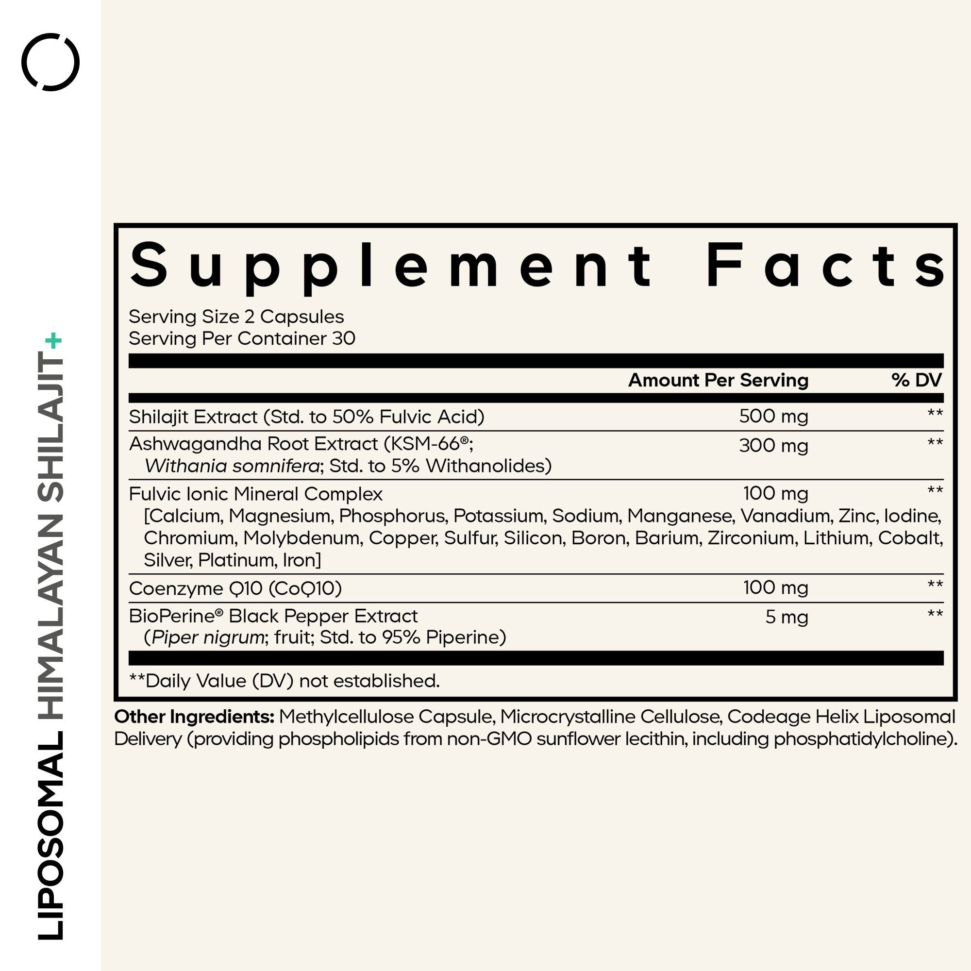 Nutrition facts for Liposomal Himalayan Shilajit+