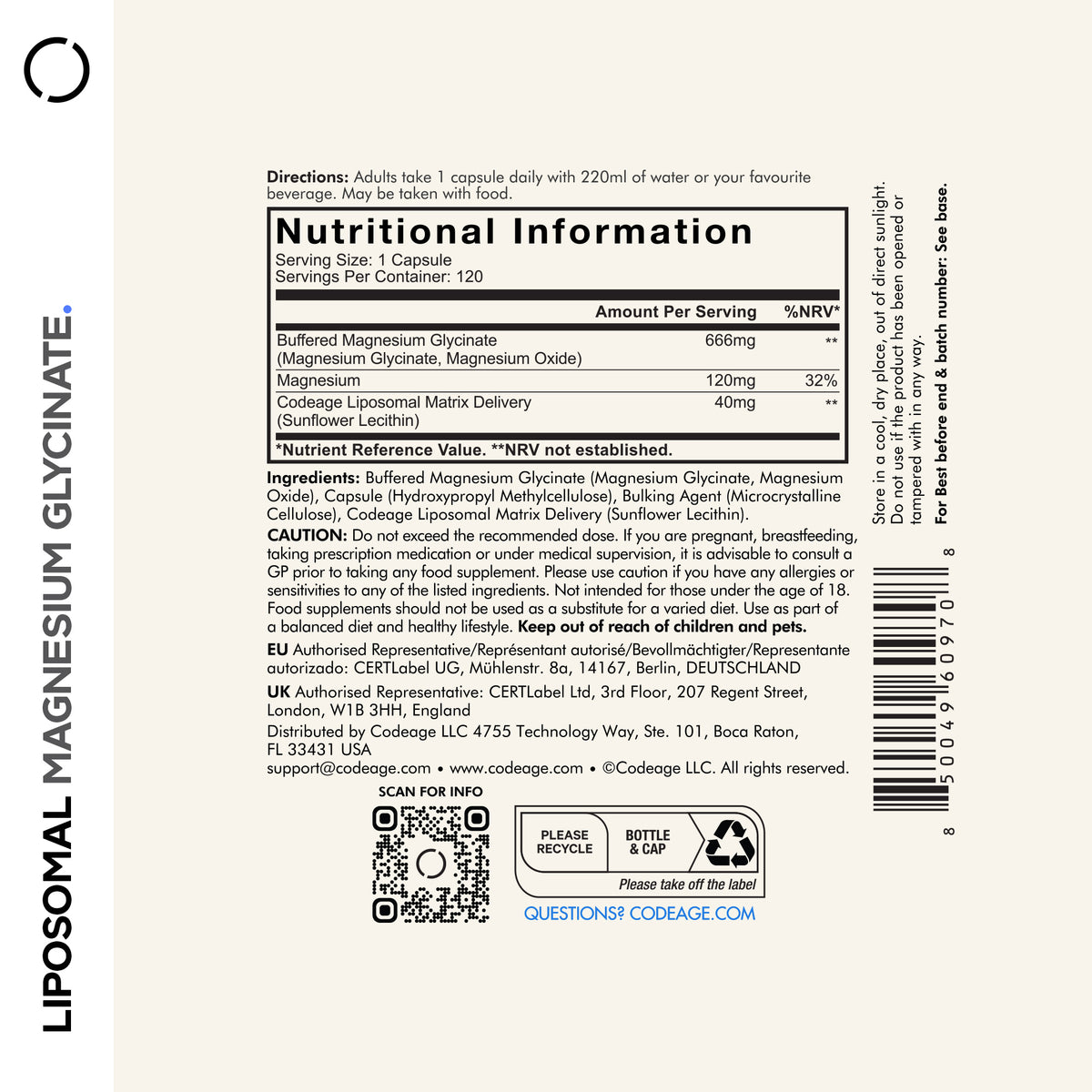 Codeage Liposomal Magnesium Glycinate, Supplement Facts