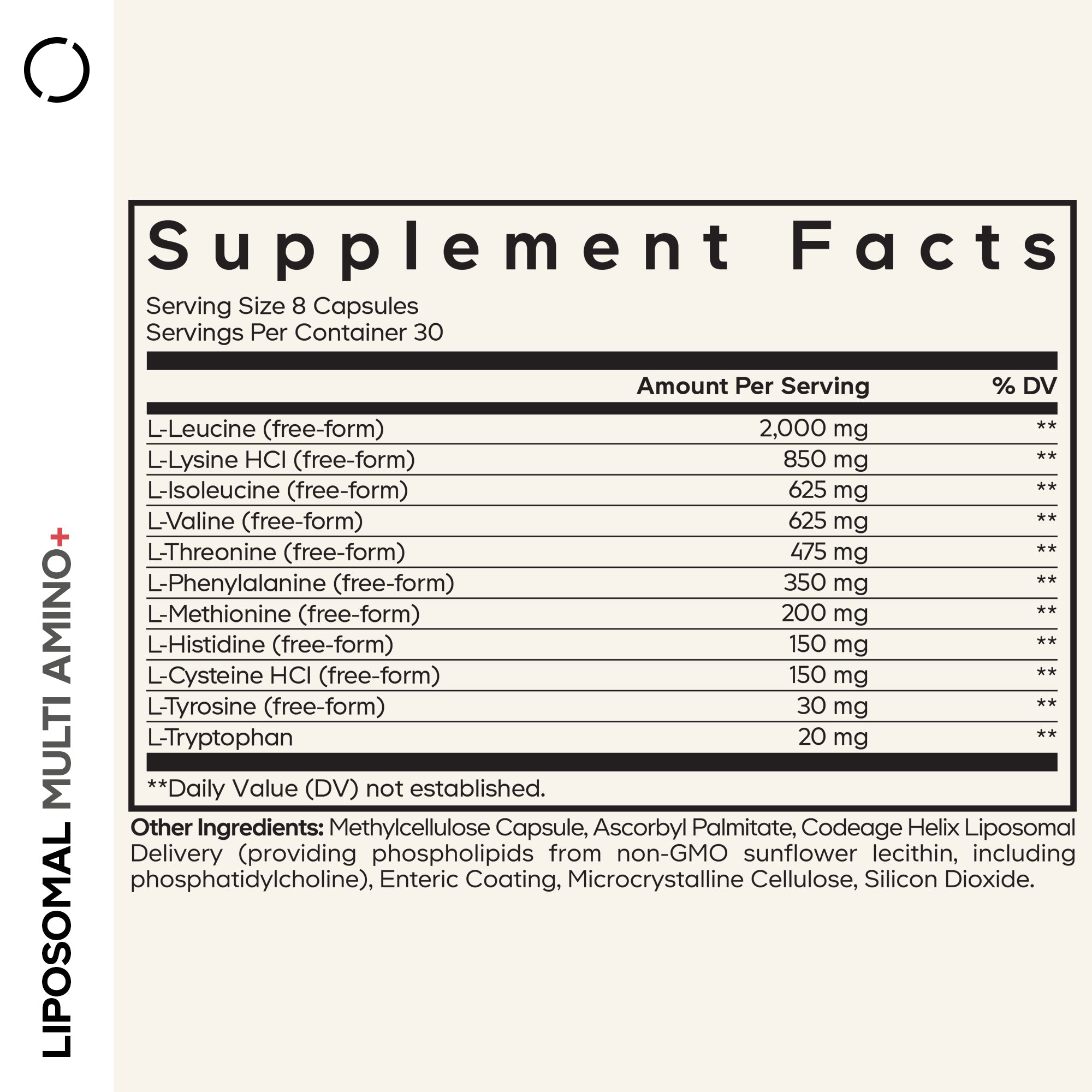 Nutrition facts for Liposomal Multi Amino+ Capsules