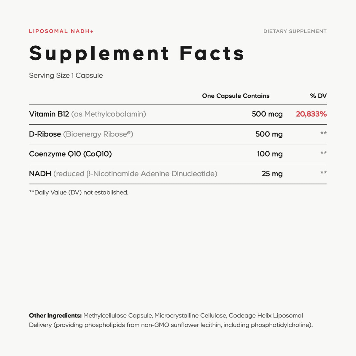 Codeage Liposomal NADH Supplement Facts