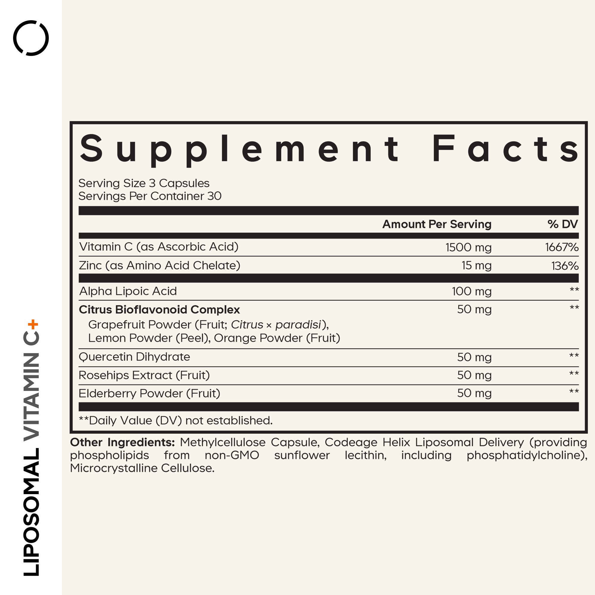 Nutrition facts for Liposomal Vitamin C+