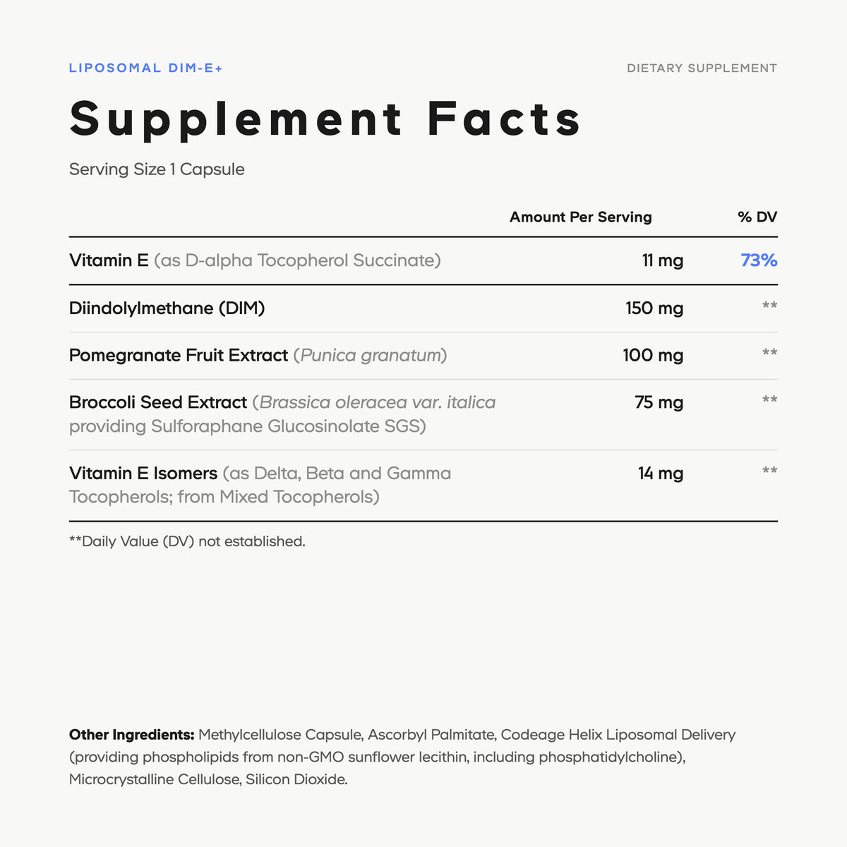 Codeage Liposomal Dim Supplement SGS for women men Vitamin E isomers Capsule supplement facts