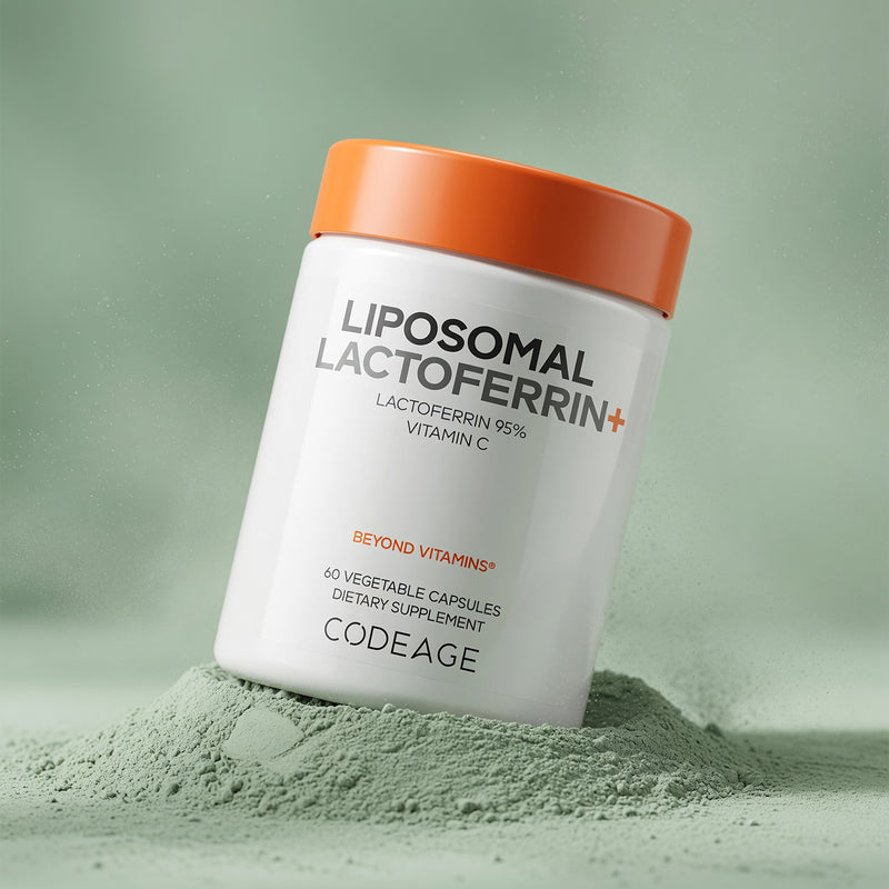Supplement container labeled 'Codeage Liposomal Lactoferrin' with an orange lid on a green background